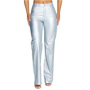 Naked Wardrober Silver Croc Faux Leather Straight Leg Embossed‎ Pants NWT Size L